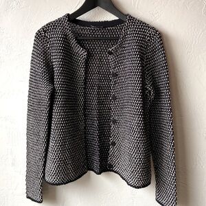 Eileen Fisher Tweedy Knit Cardigan Sweater Black White Scoop Neck